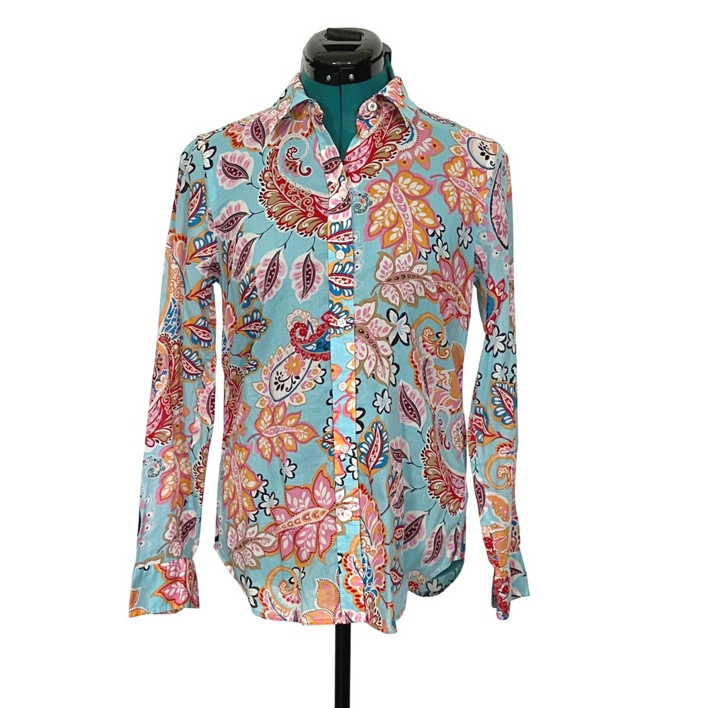 Talbots Button Front Shirt Paisley Floral XS Blue Pink Cotton Classic Boho